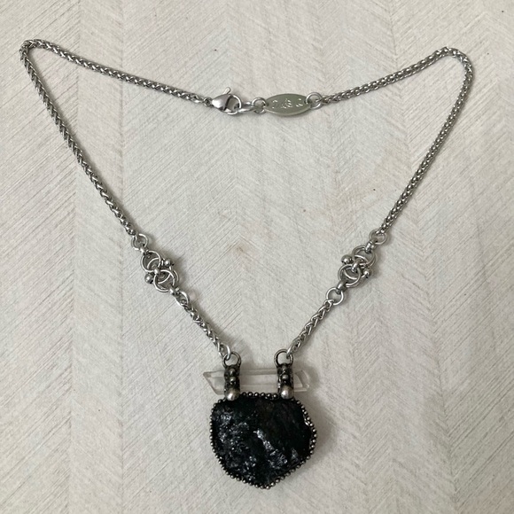 Natural black tourmaline & clear crystal quartz charm boho goth maille necklace - Picture 10 of 13